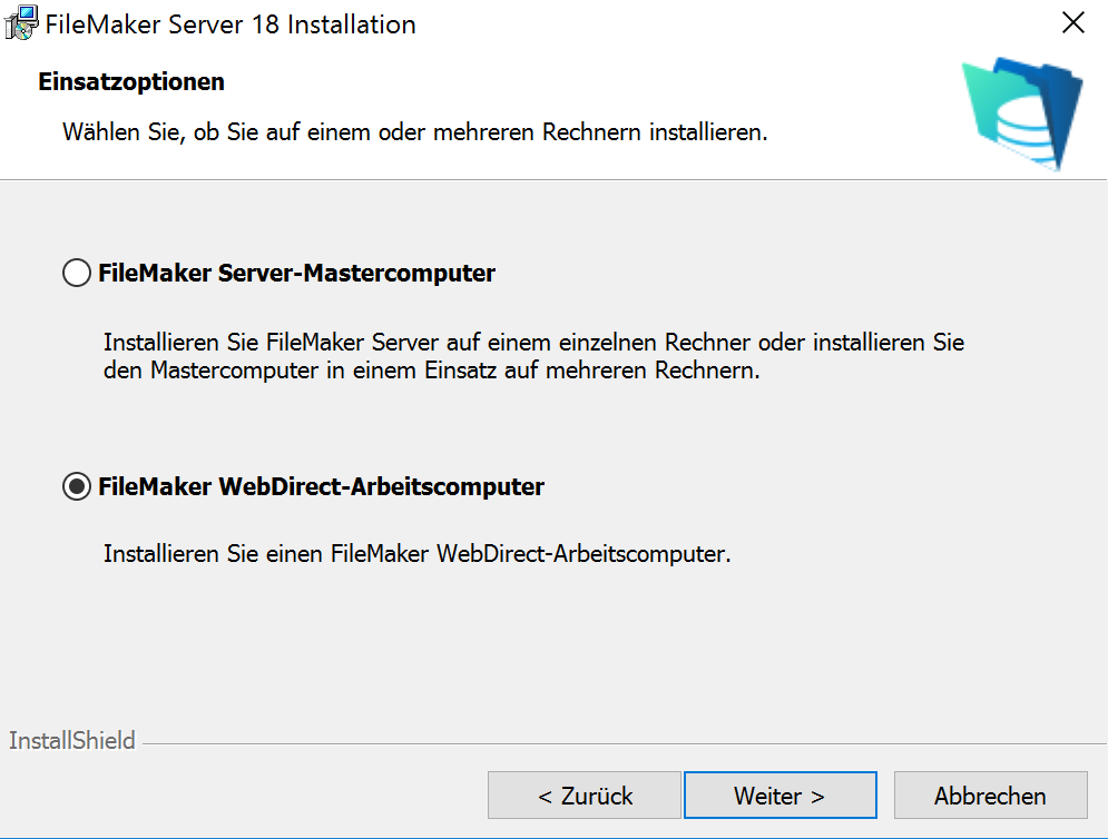 Installationsprogrammseite, um Master-/Arbeitscomputer mit ausgewähltem Arbeitscomputer auszuwählen