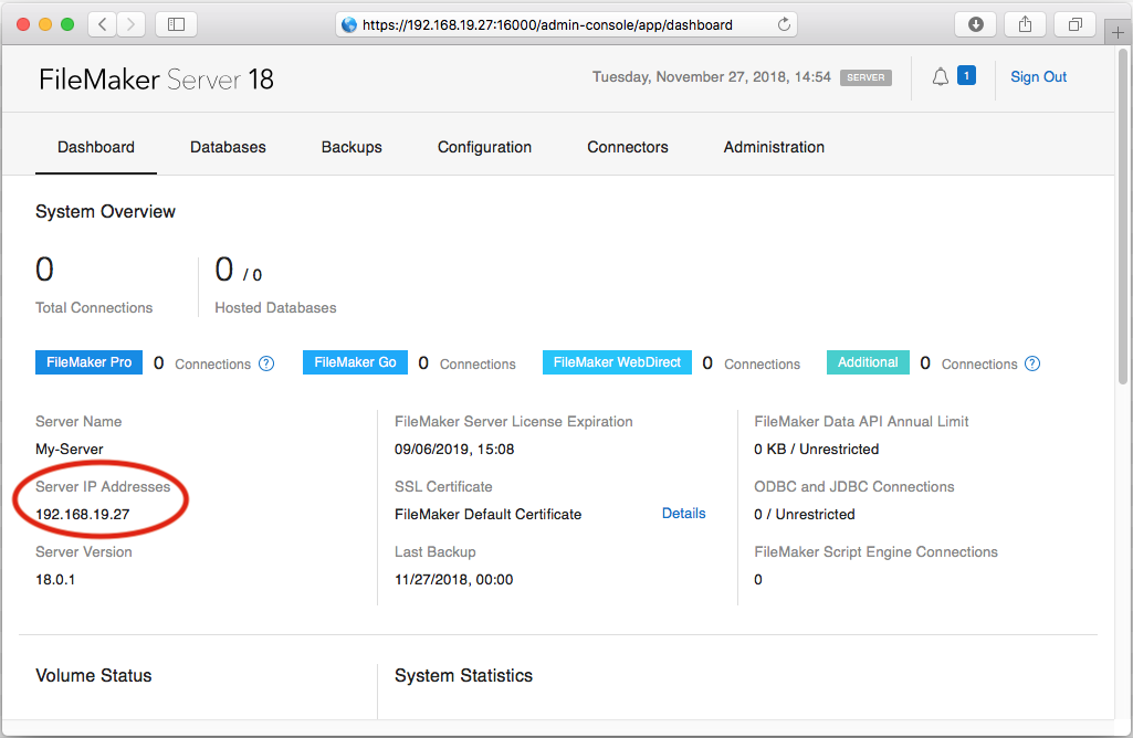 FileMaker Server Admin Console showing server IP address