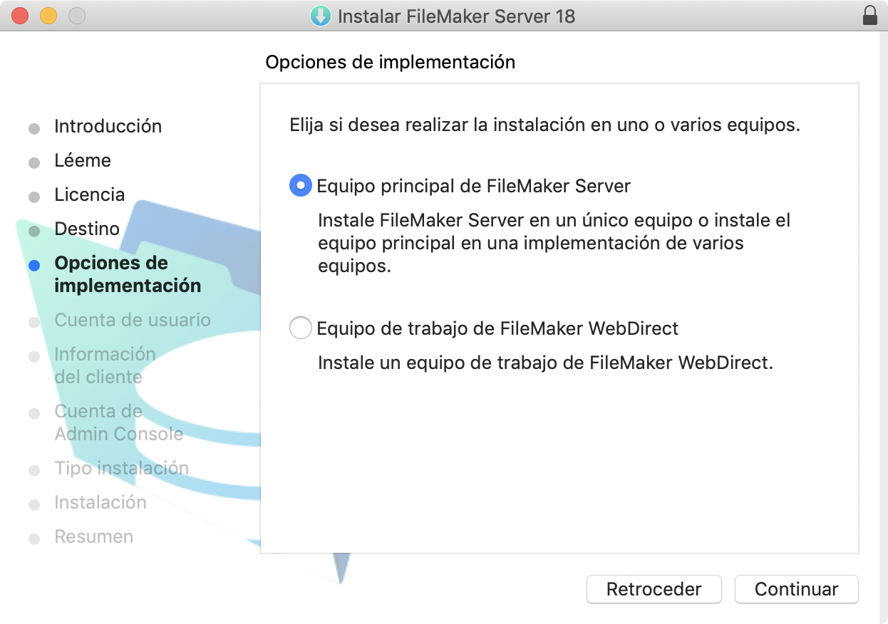 Página del instalador para seleccionar el tipo de instalación con una sola máquina seleccionada