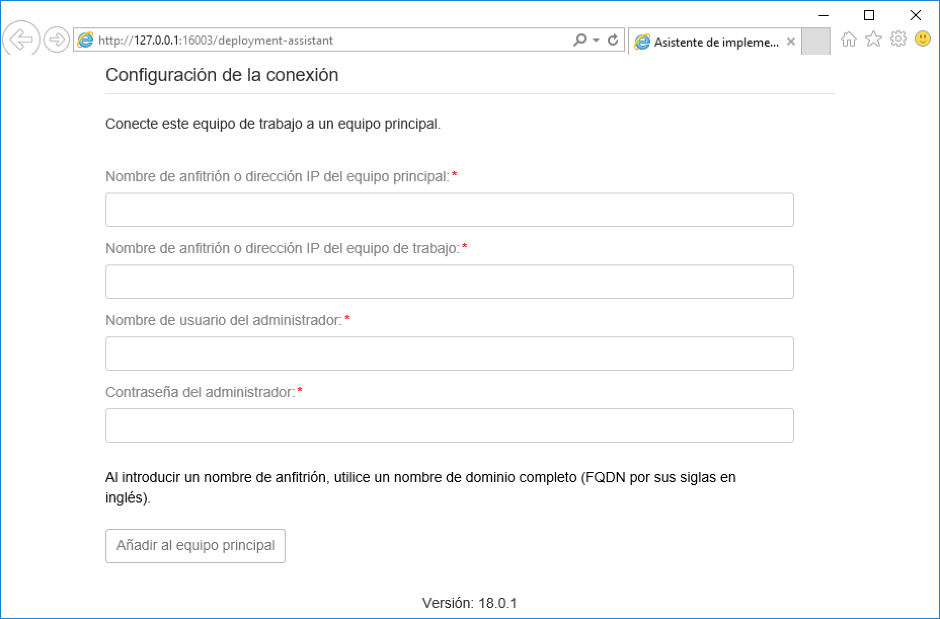 Página del asistente de implementación que permite conectar un equipo de trabajo con uno principal