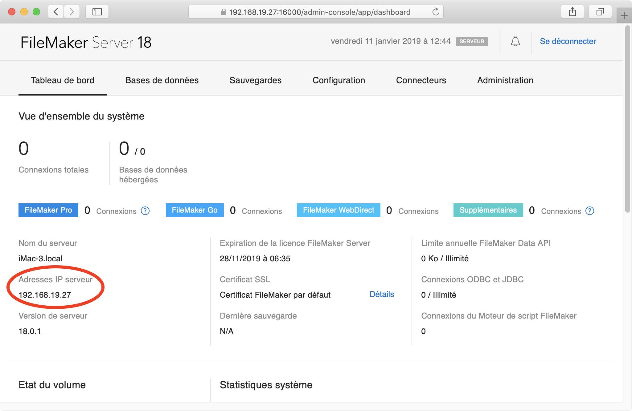 Admin Console FileMaker Server affichant l'adresse IP du serveur