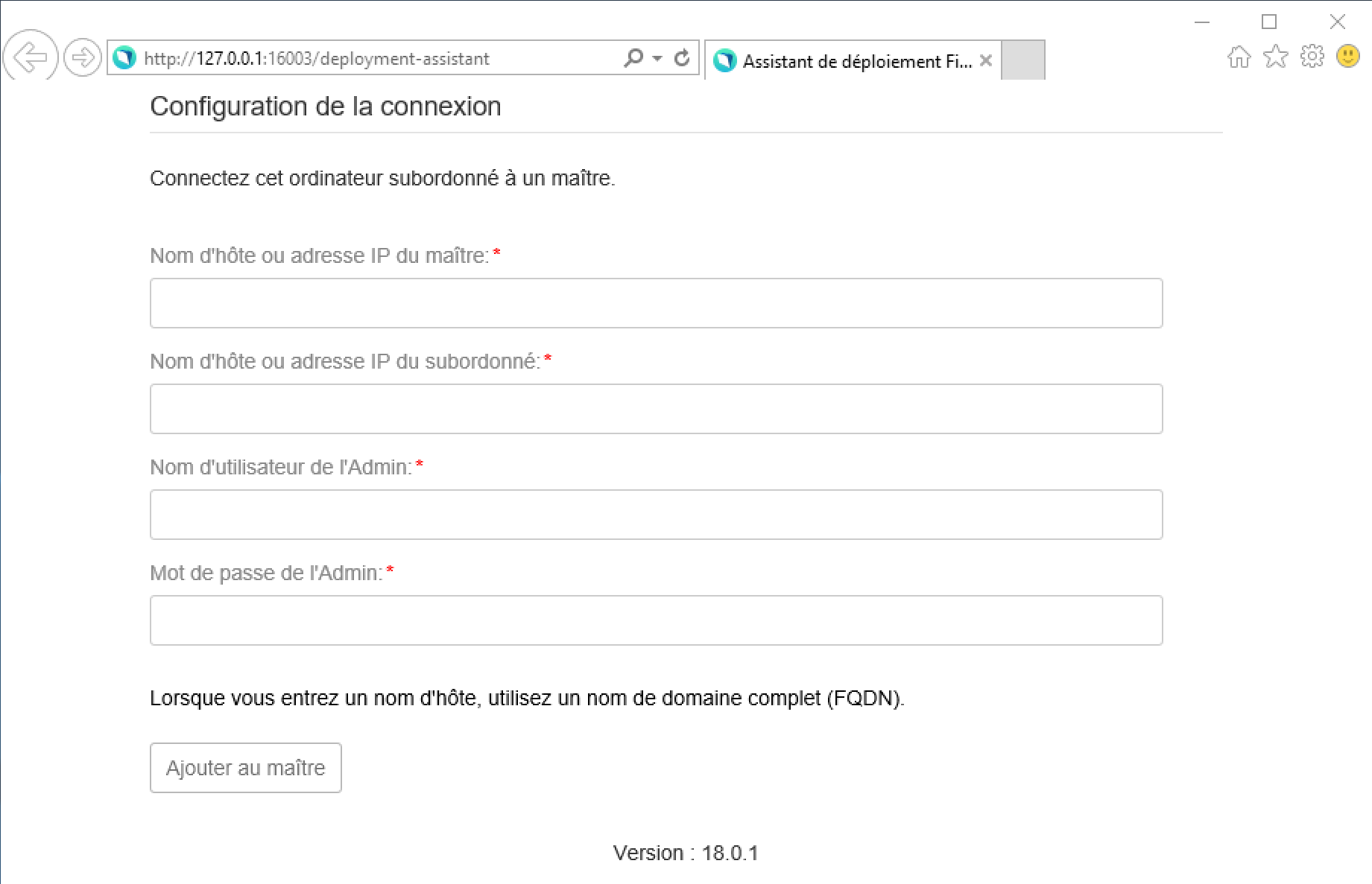 Page de l'Assistant Déploiement pour connecter un ordinateur subordonné à un ordinateur maître