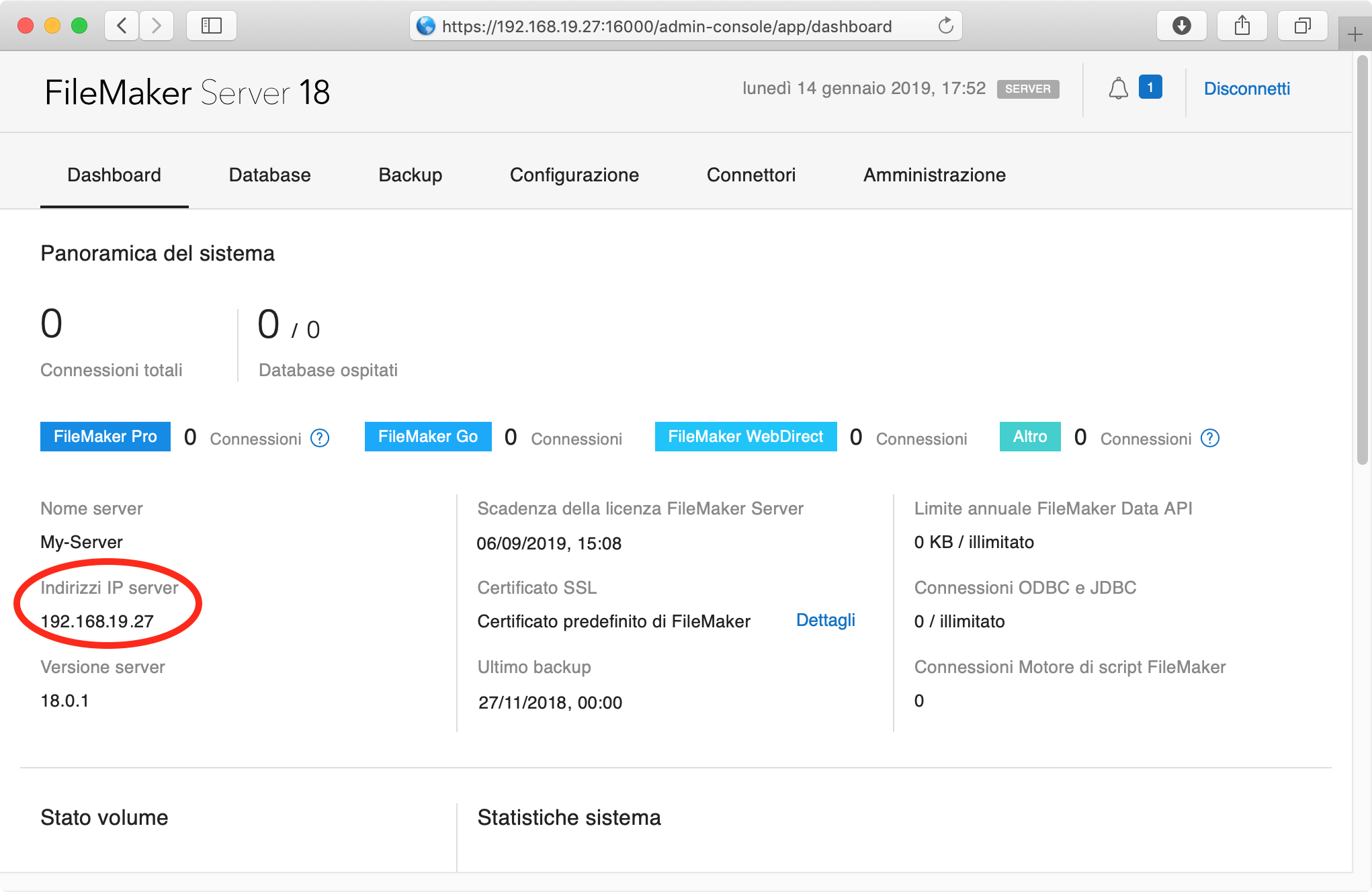 FileMaker Server Admin Console mostra l'indirizzo IP del server