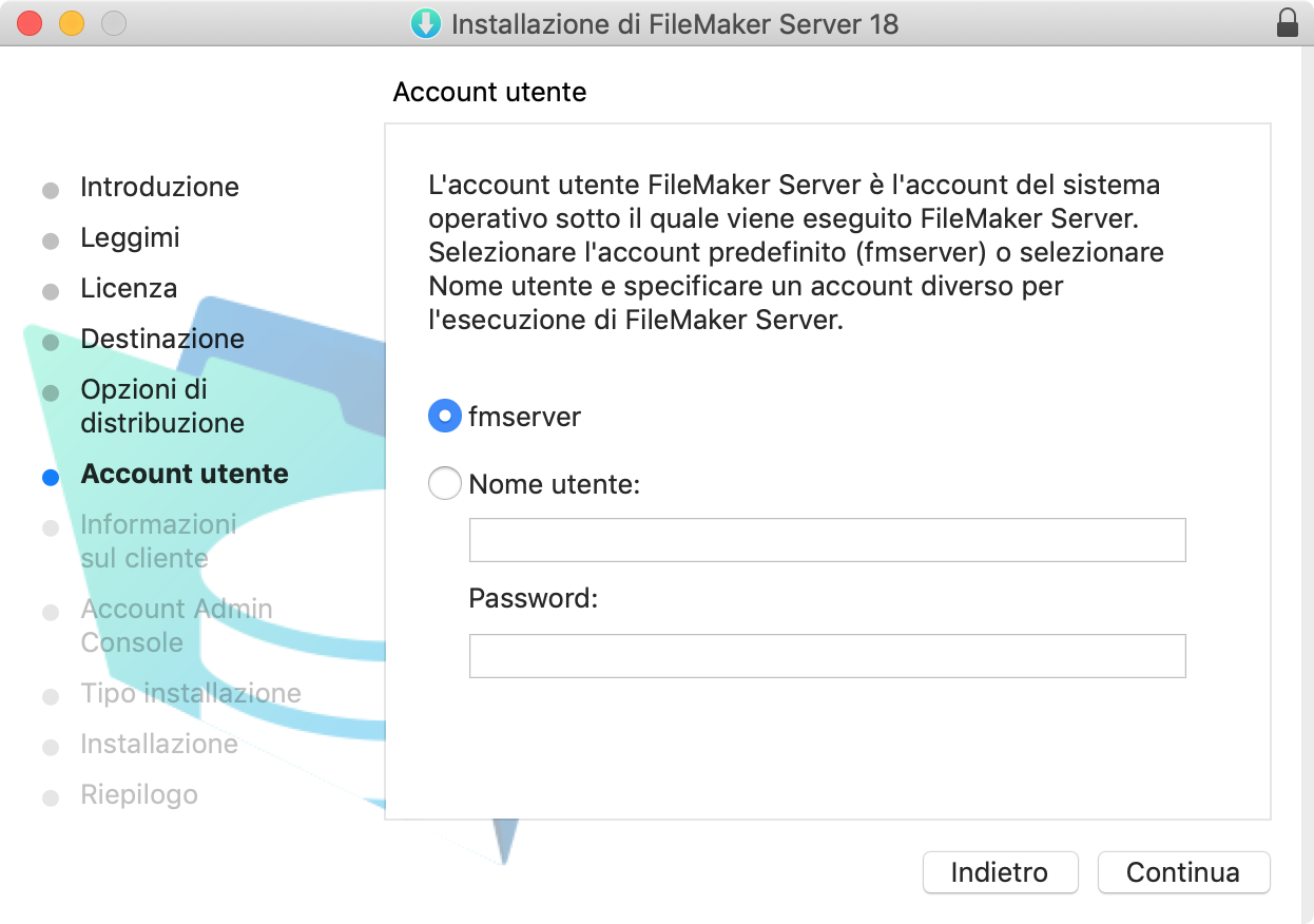 Pagina del programma di installazione per selezionare l'account del sistema operativo con cui viene eseguito FileMaker Server