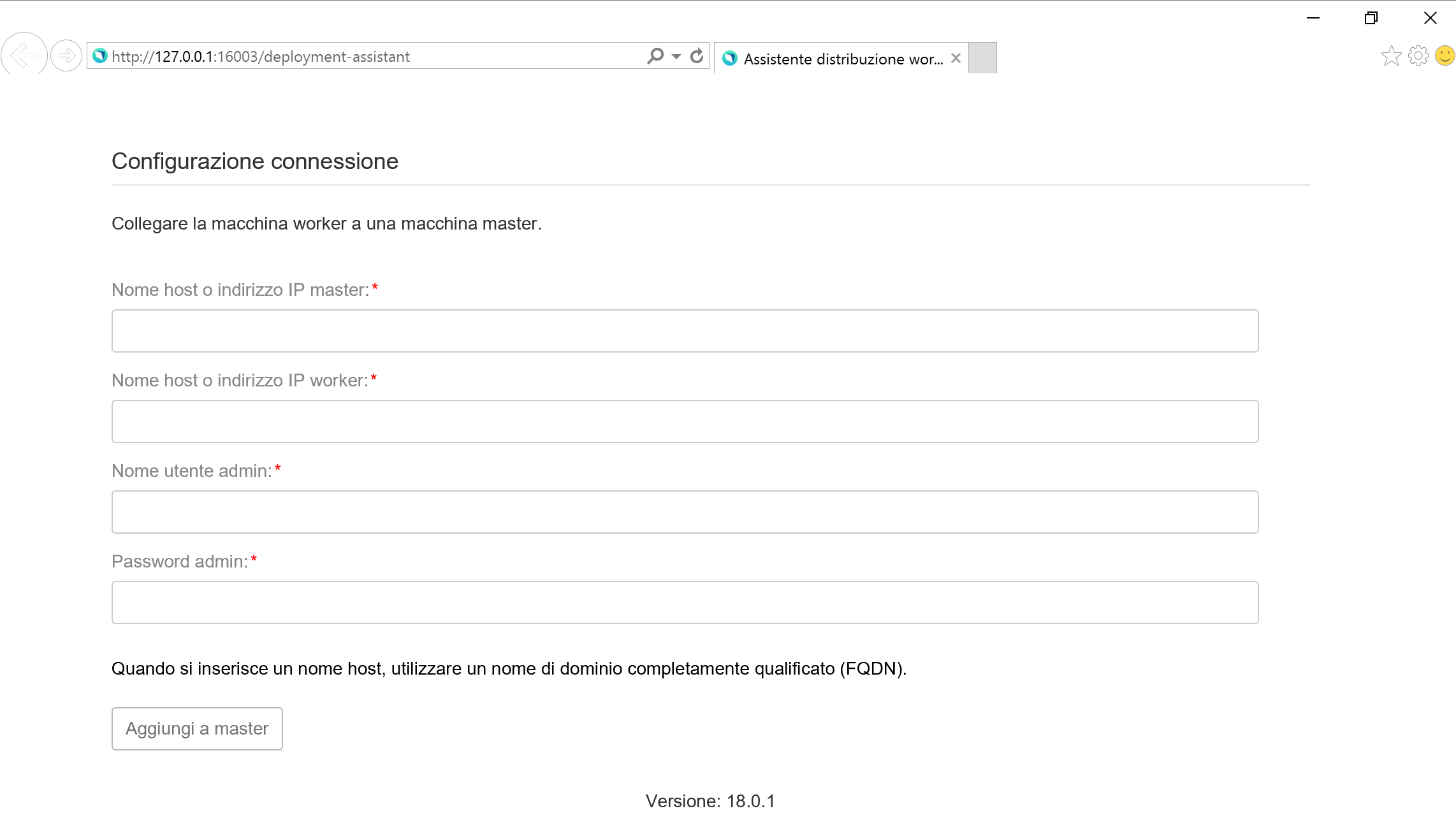 Pagina dell'Assistente distribuzione per collegare una macchina worker a una macchina master