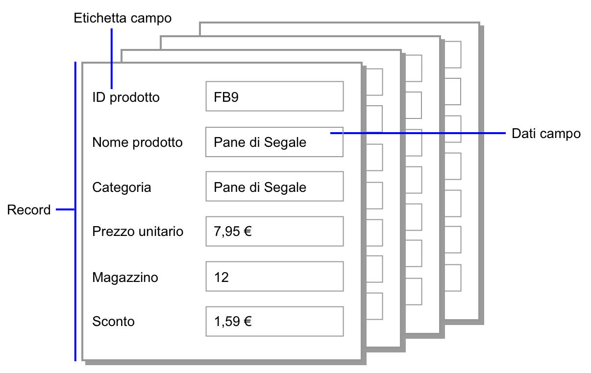 Esempio di record, dati dei campi ed etichette dei campi