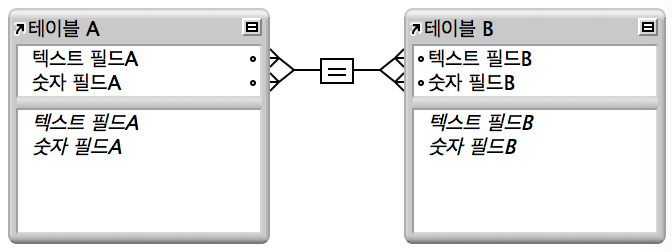 다조건 관계를 표시하는 네 필드 간에 선이 있는 두 테이블