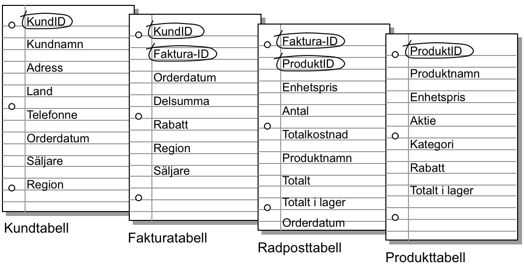 Nyckelfält har ringats in i varje tabell