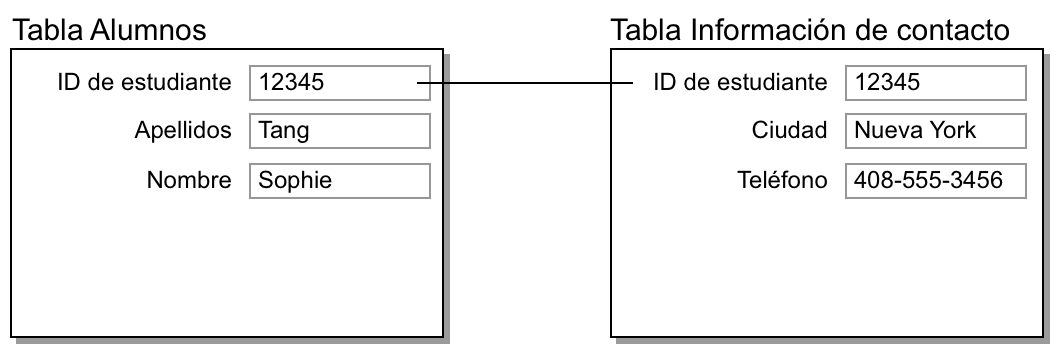 Registros de las tablas Alumnos e Información de contacto que muestran el resultado de una relación de uno a uno