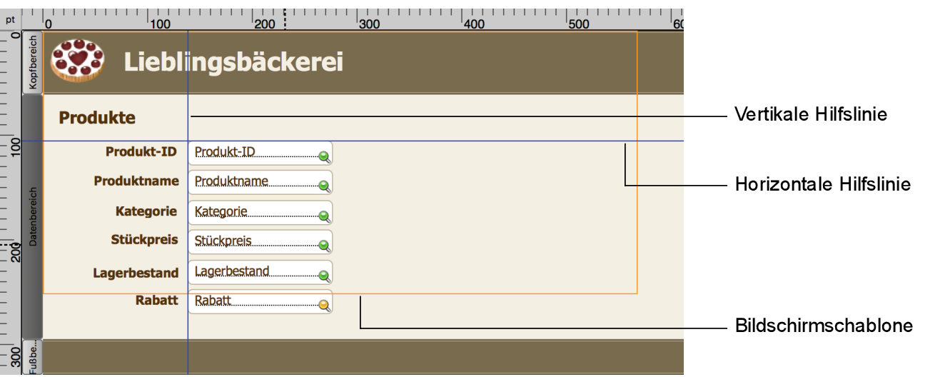 Layout mit horizontalen und vertikalen Hilfslinien und Bildschirmschablone