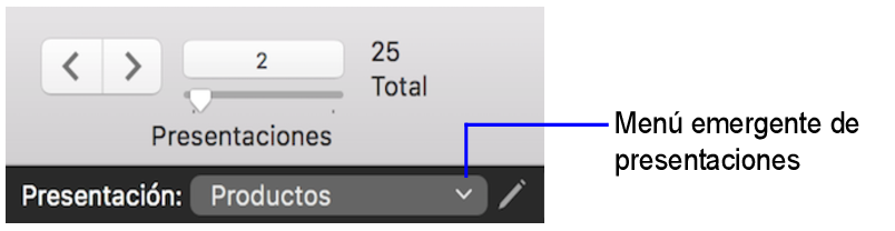 Menú emergente de presentaciones