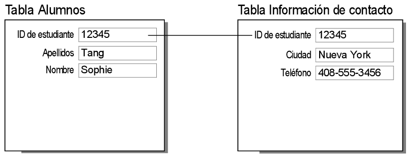 Registros de las tablas Alumnos e Información de contacto que muestran el resultado de una relación de uno a uno