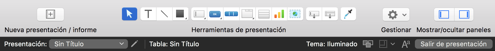 Barra de herramientas de estado en modo Presentación