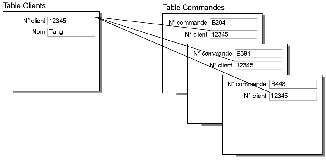 Enregistrements des tables Clients et Commandes montrant un résultat de type lien un à plusieurs