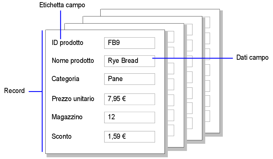 Esempio di record, dati dei campi ed etichette dei campi