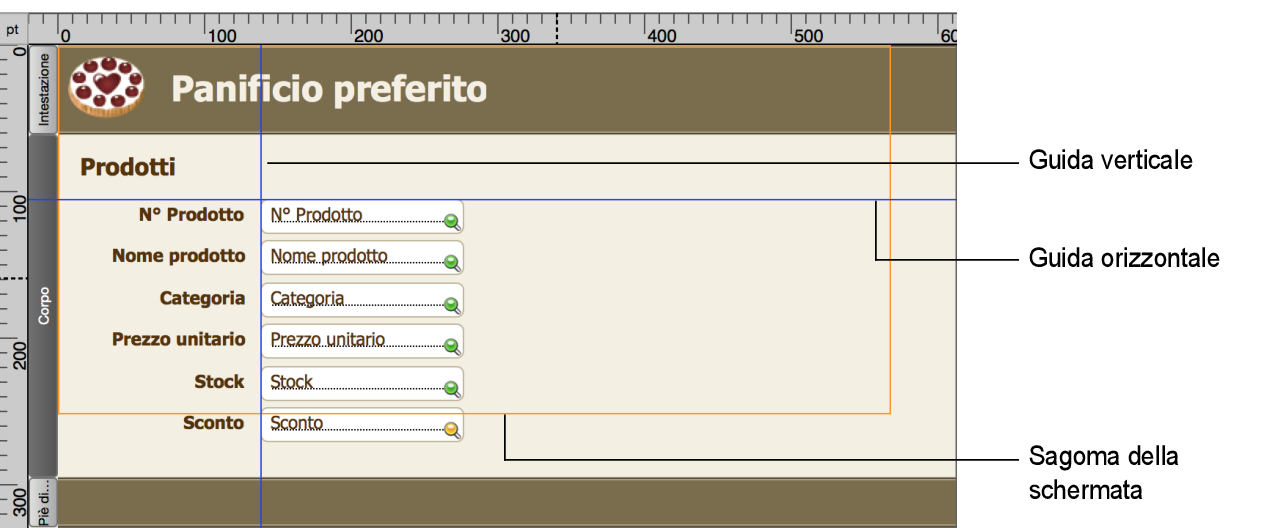 Formato con guide orizzontali e verticali e con sagoma della schermata visualizzata