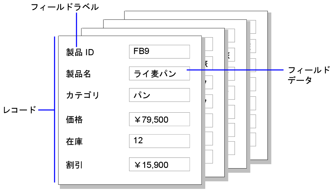 レコード、フィールドデータ、およびフィールドラベルの例