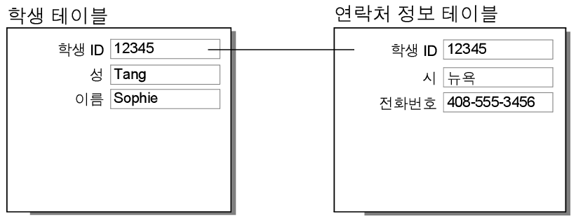 일대일 관계의 결과를 표시하는 학생 및 연락처 정보 테이블에 있는 레코드