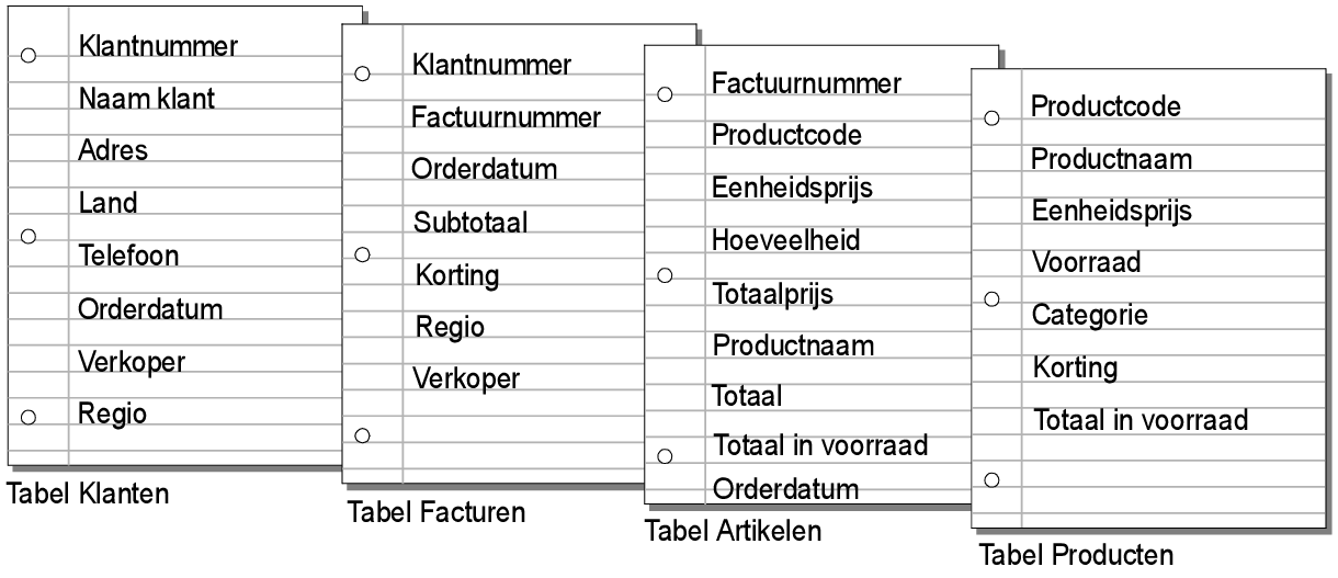 Velden in elke tabel