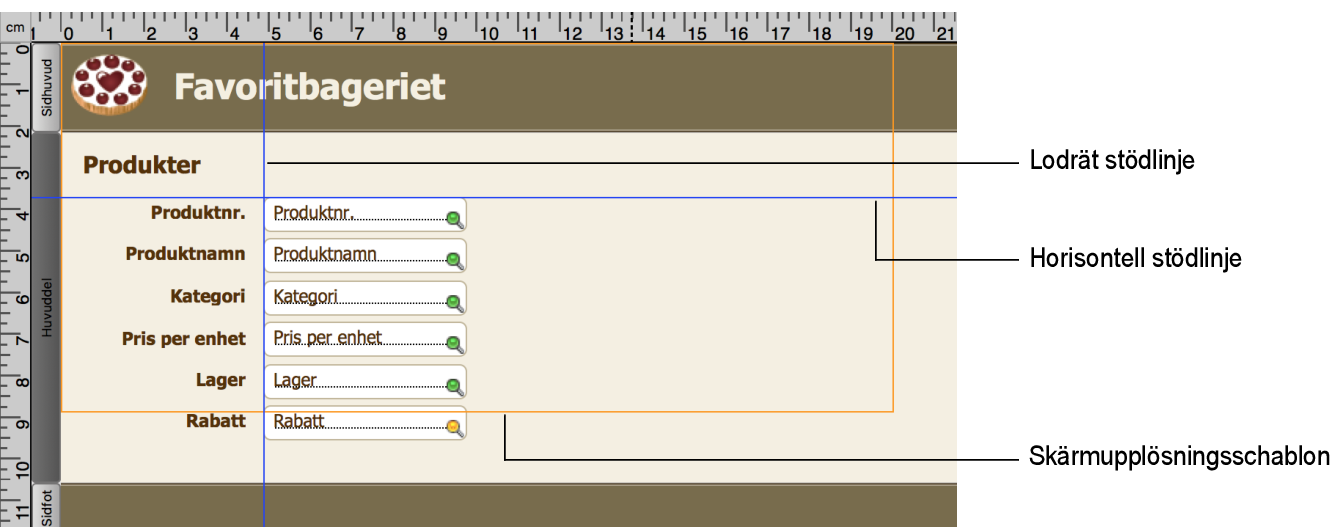 Layout med horisontella och vertikala stödlinjer samt skärmupplösningsschablon