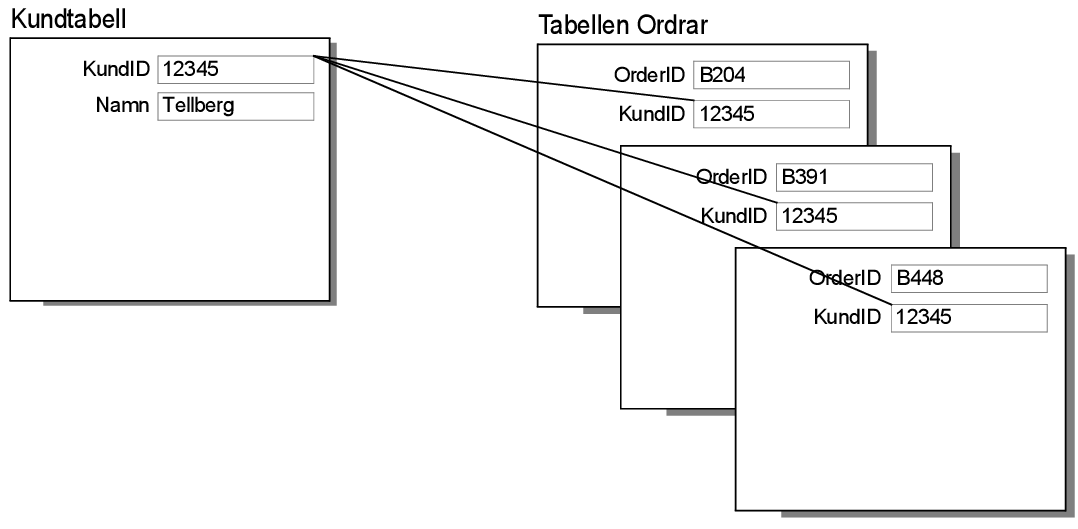 Poster i tabellerna Kunder och Ordrar som visar resultatet av en relation av typen en-till-många