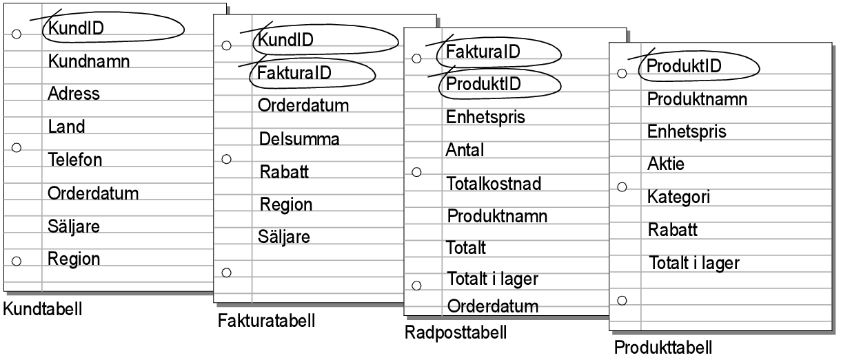 Nyckelfält har ringats in i varje tabell