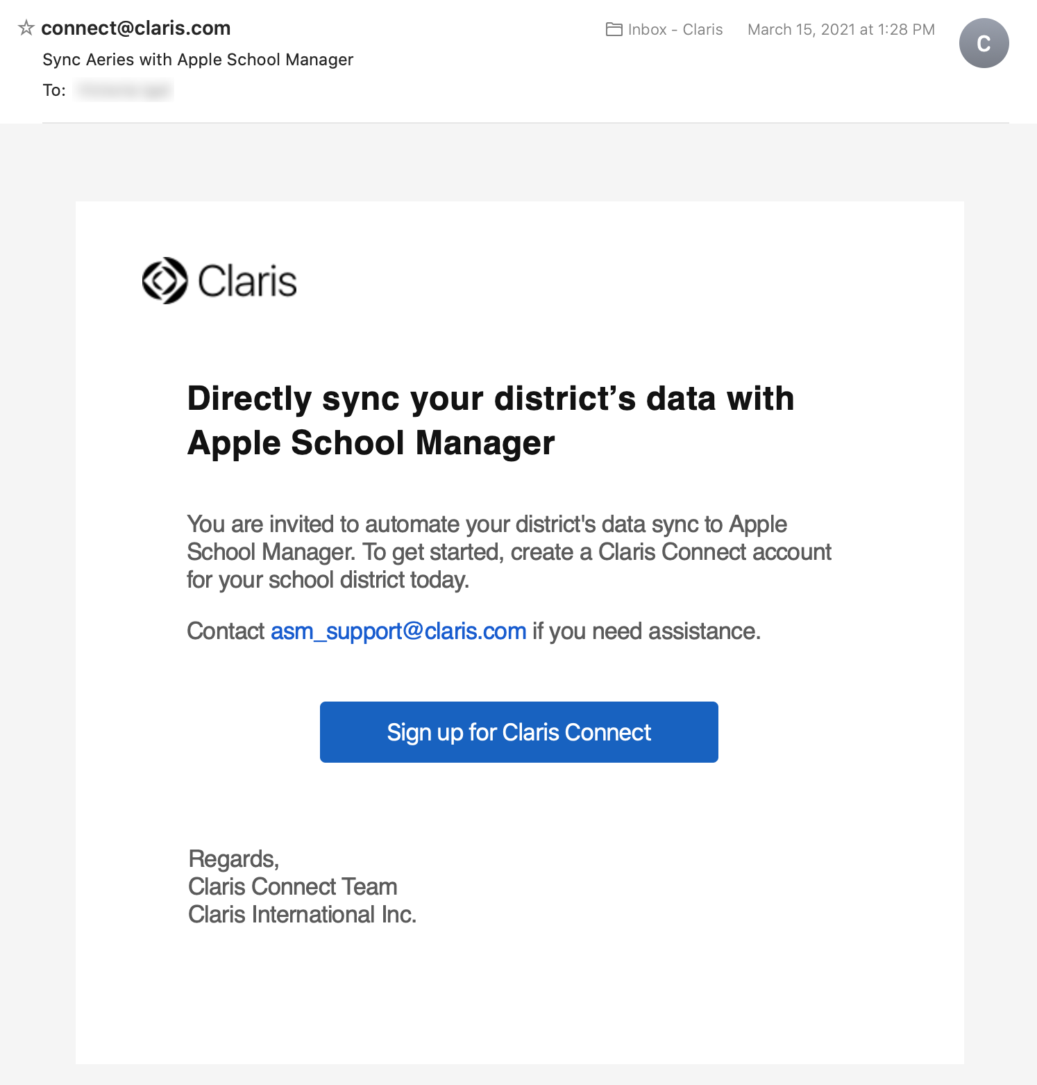 Einladung zur Anmeldung für Claris Connect, um Daten mit Apple School Manager zu synchronisieren