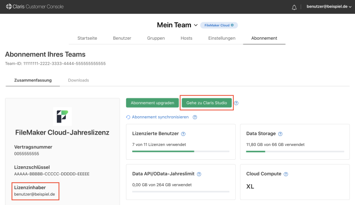 Die Platzierung des Links „Gehe zu Claris Studio“ und der E-Mail-Adresse des Lizenzinhabers auf der Seite „Abonnements“ in der Claris Customer Console