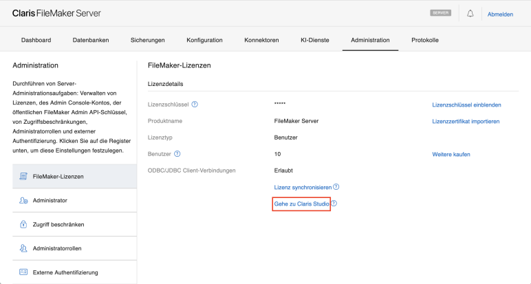 Die Position des Links „Gehe zu Claris Studio“ und die E-Mail-Adresse des Lizenzinhabers auf der Registerkarte „Administration“ > „FileMaker-Lizenzen“ in FileMaker Server Admin Console