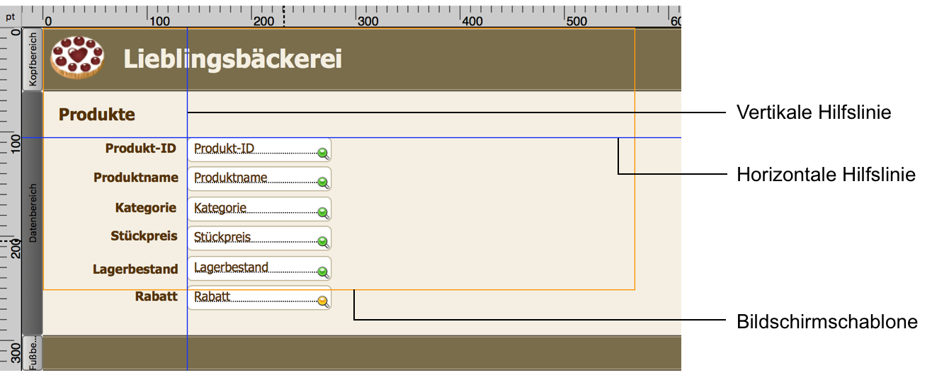 Layout mit horizontalen und vertikalen Hilfslinien und Bildschirmschablone