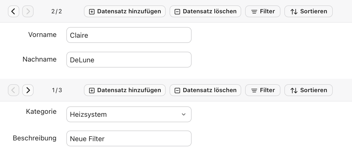 Benutzerdefinierte Ansicht, Unteransicht, zwei Statussymbolleisten, die jeweils eine andere Quelltabelle verwenden