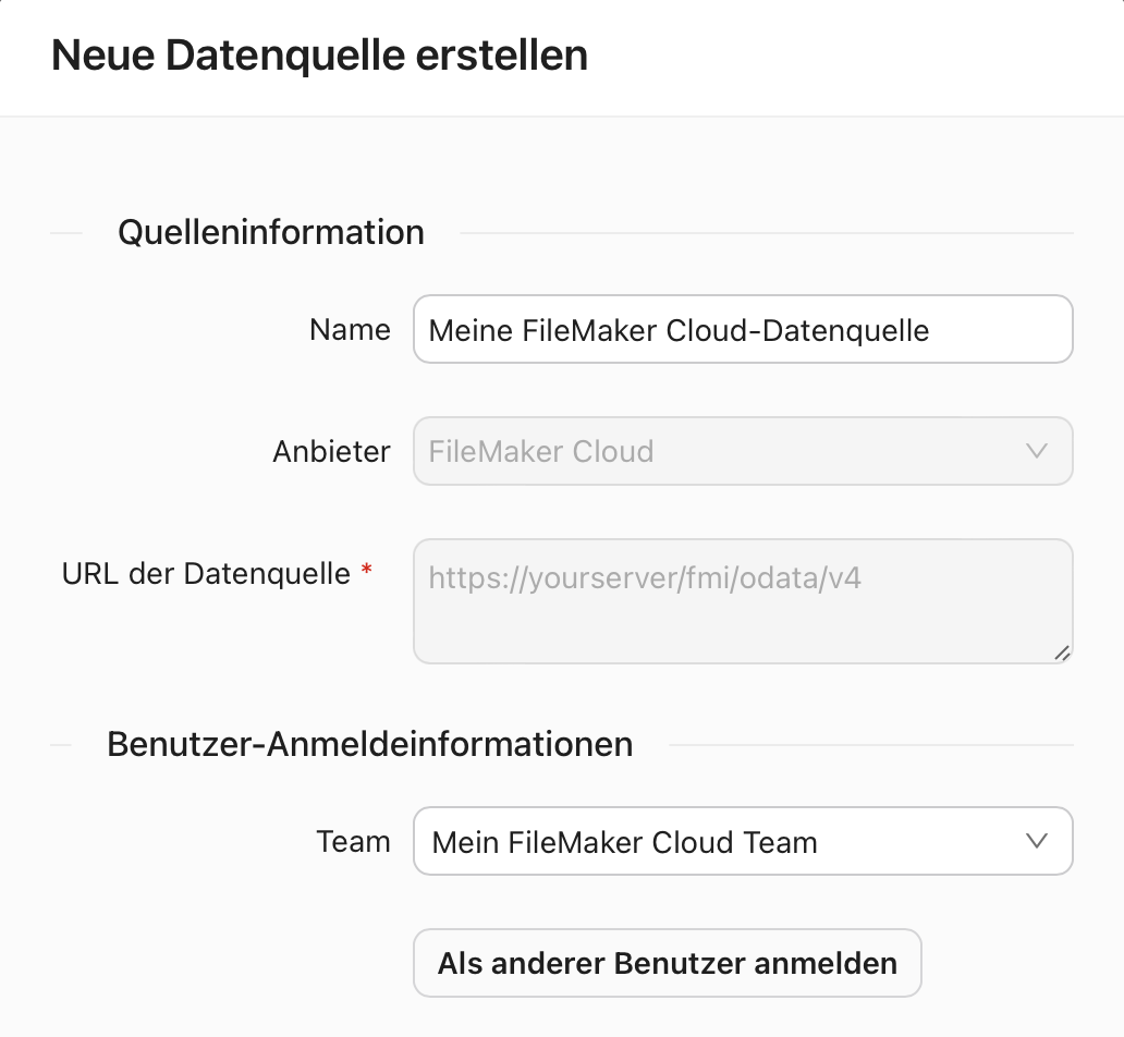 Register „Datenquellen“, Dialogfeld „Neue Datenquelle erstellen“, Cloud