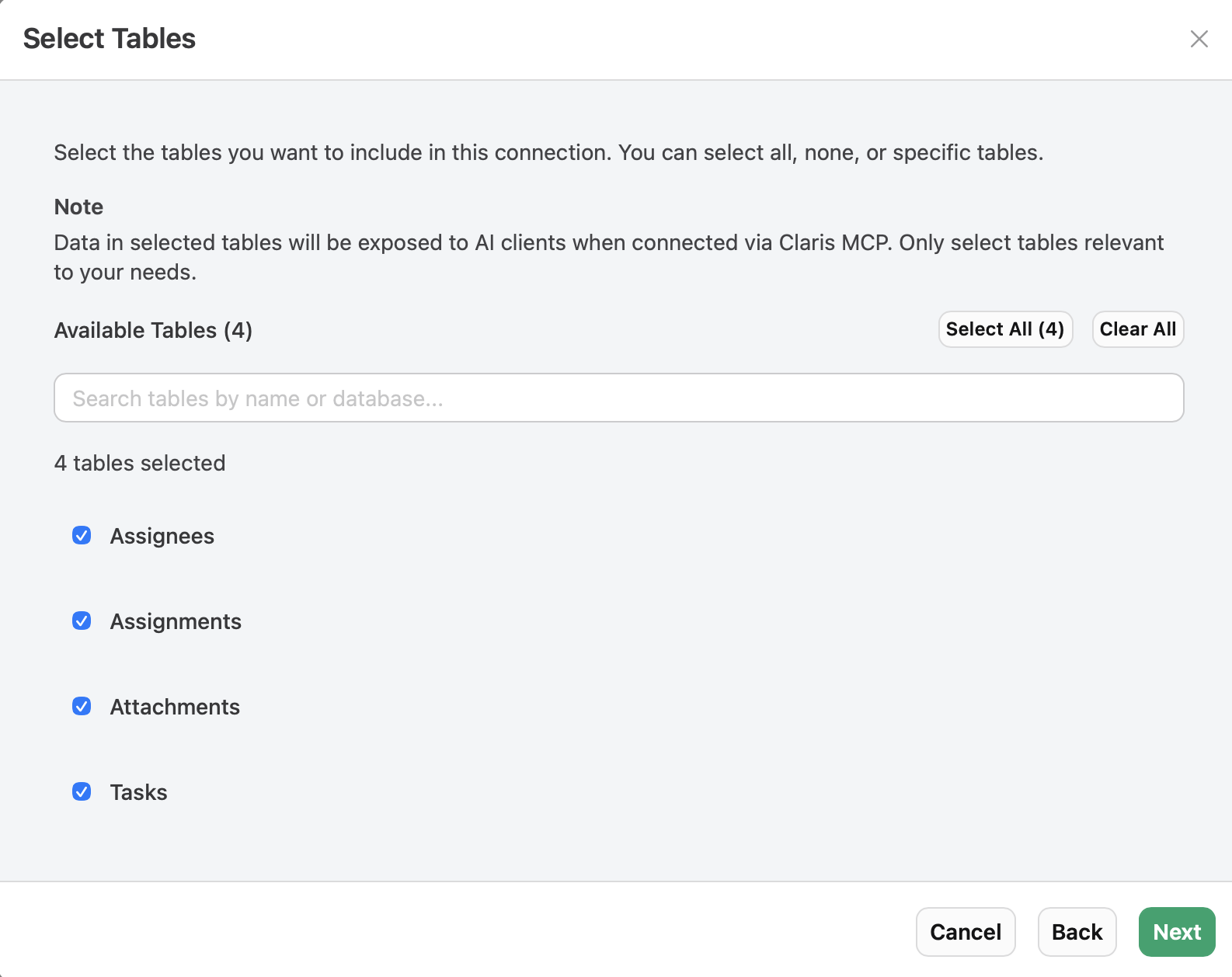 MCP Configuration, Add Connection, Select Tables
