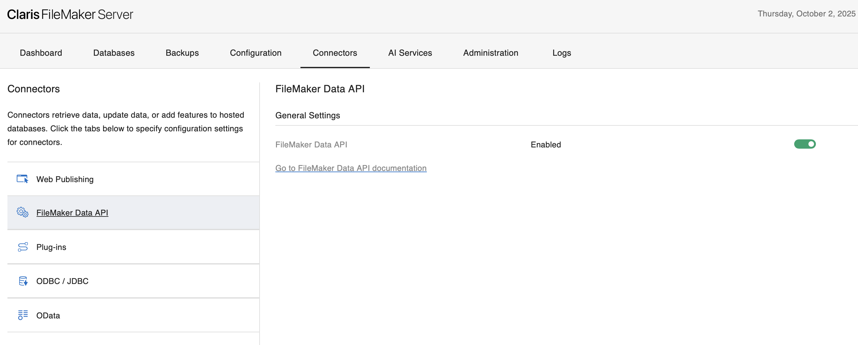 FileMaker Server Admin Console, FileMaker Data API enabled