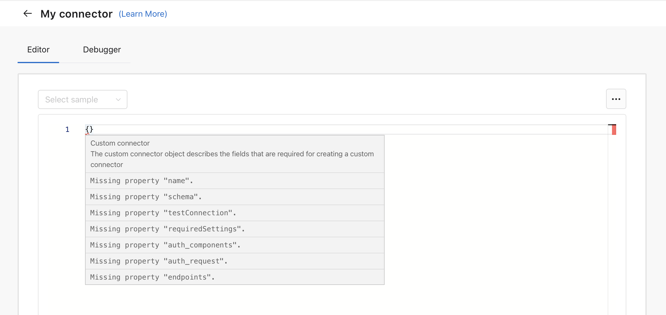 Custom connector, empty code editor, connector object