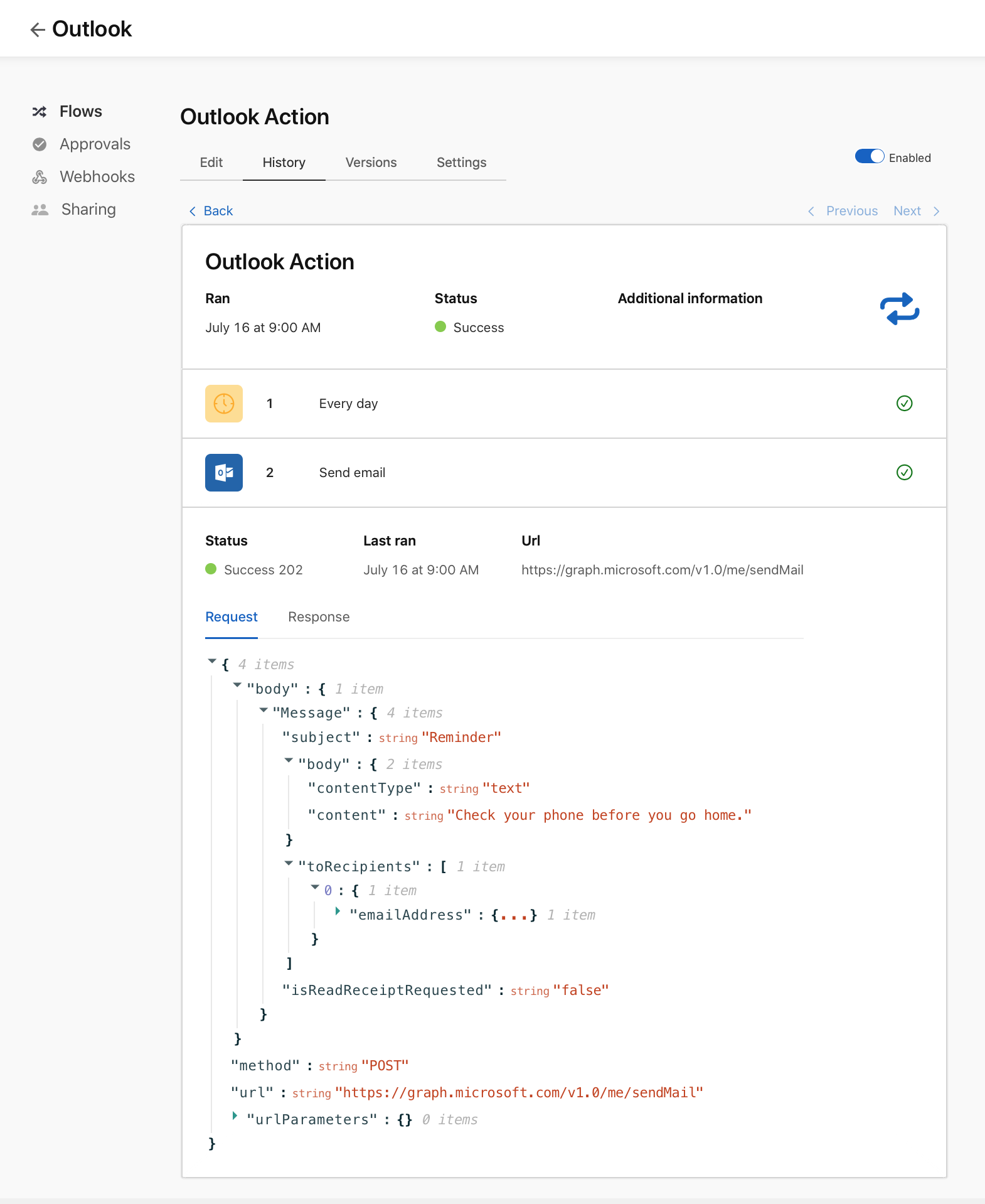 Claris Connect Flow History, HTTP response and step status