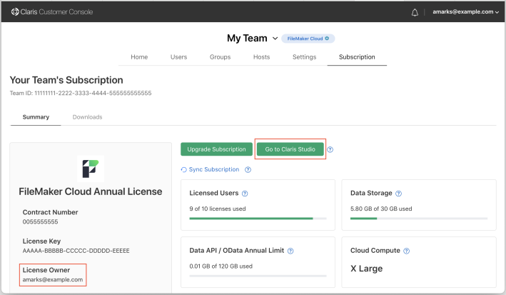 The location of the Go to Claris Studio link and the license owner email address on the Subscription page in Claris Customer Console