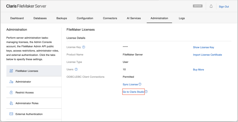 The location of the Go to Claris Studio link and the license owner email address on the Administration > FileMaker Licenses tab in FileMaker Server Admin Console