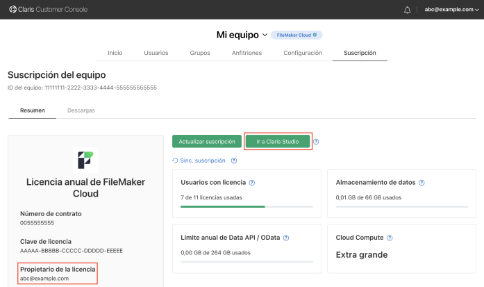 La ubicación del enlace Ir a Claris Studio y la dirección de correo electrónico del propietario de la licencia en la Página Suscripciones de la Claris Customer Console.