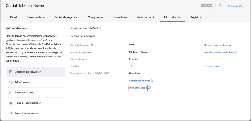 La ubicación del enlace Ir a Claris Studio y la dirección de correo electrónico del propietario de la licencia en la pestaña Administración > Licencias de FileMaker de la Admin Console de FileMaker Server