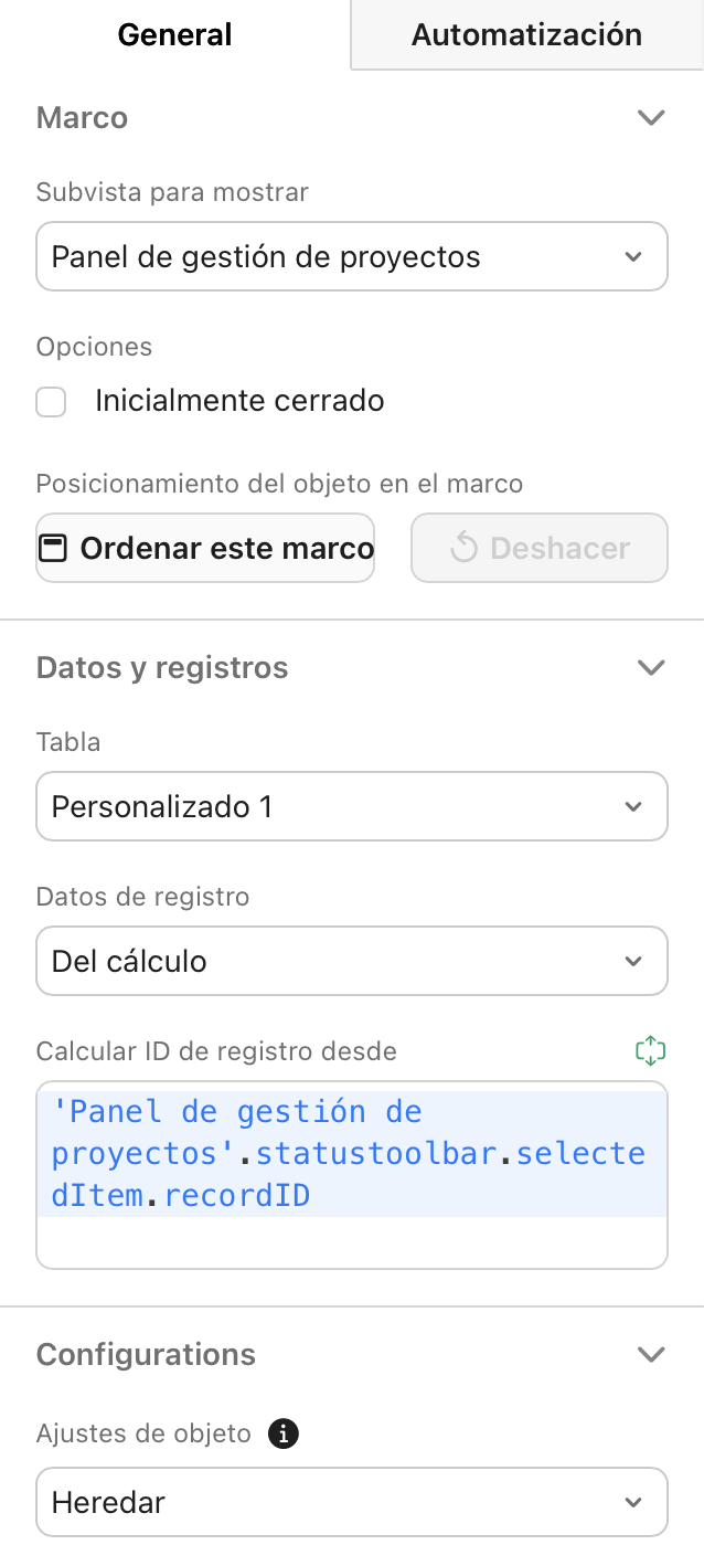 Marcos, Panel de propiedades, General