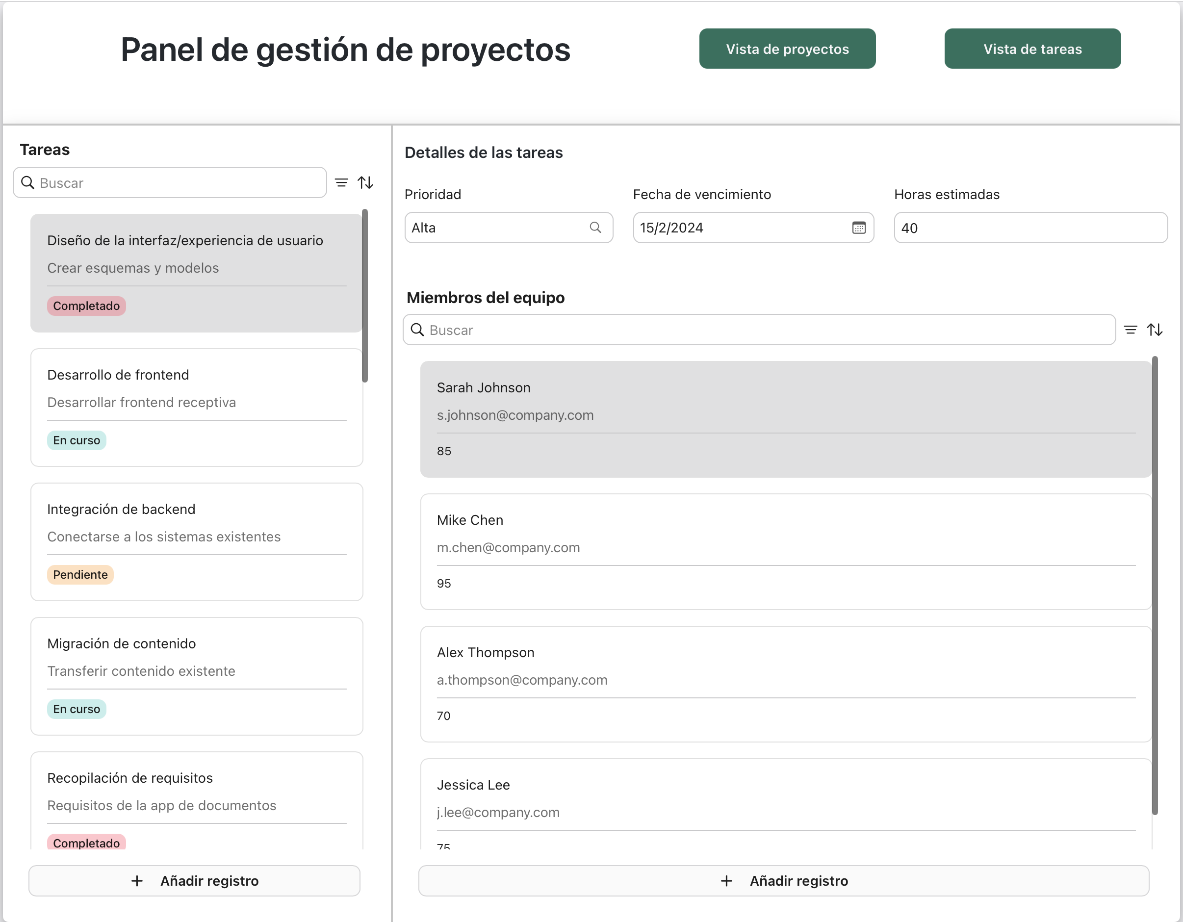 Ejemplo de marcos, Panel de gestión de proyectos, Vista de proyectos