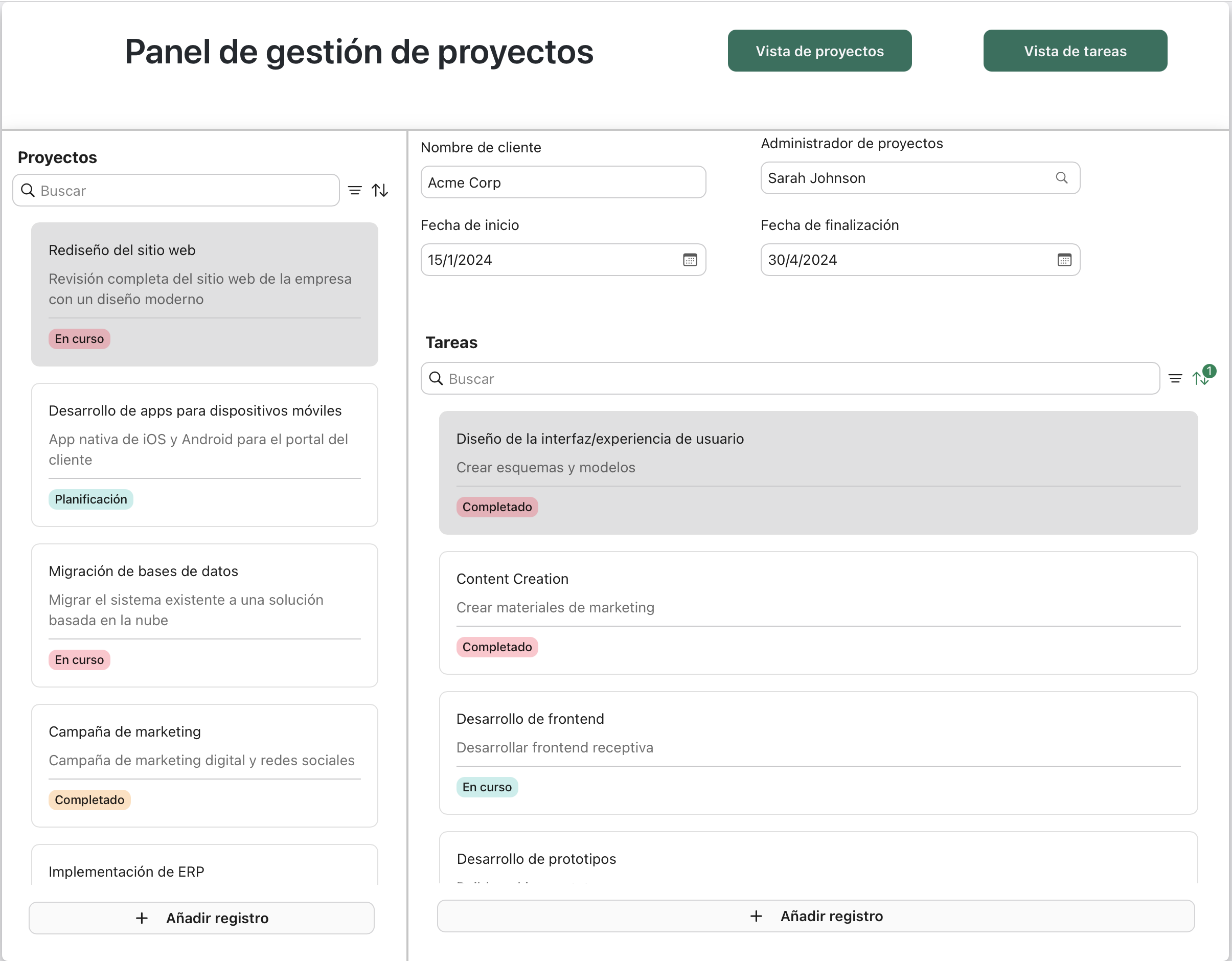 Ejemplo de marcos, Panel de gestión de proyectos, Vista de tareas