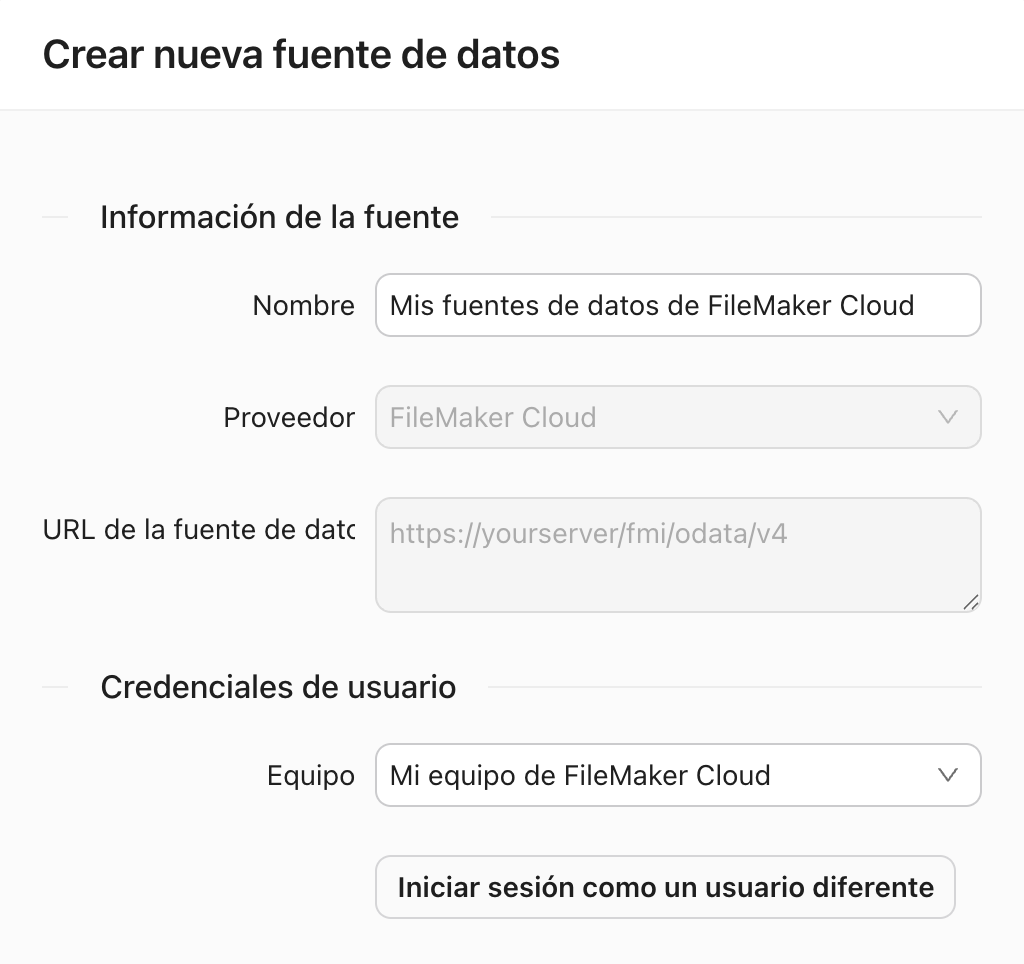 Pestaña Fuentes de datos, cuadro de diálogo Crear nueva fuente de datos, Cloud