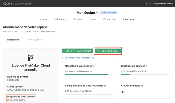 Emplacement du lien Accéder à Claris Studio et adresse e-mail du propriétaire de la licence sur la page Abonnement de la Claris Customer Console