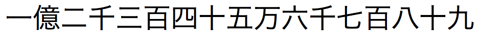 Texte japonais pour les chiffres arabes « 123456789 » utilisant un séparateur de nombre Kanji entre les dizaines, les centaines, les milliers, les dizaines de milliers et les millions