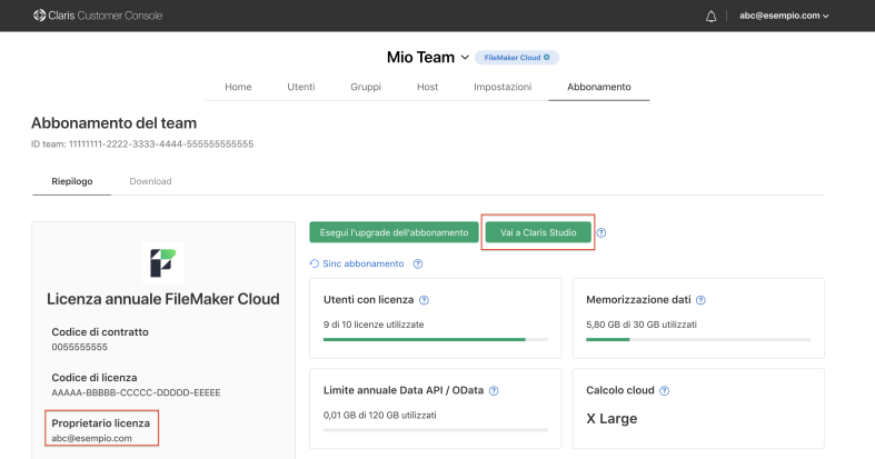 Posizione del collegamento di Vai a Claris Studio e dell'indirizzo e-mail del proprietario della licenza nella pagina Abbonamenti della Claris Customer Console