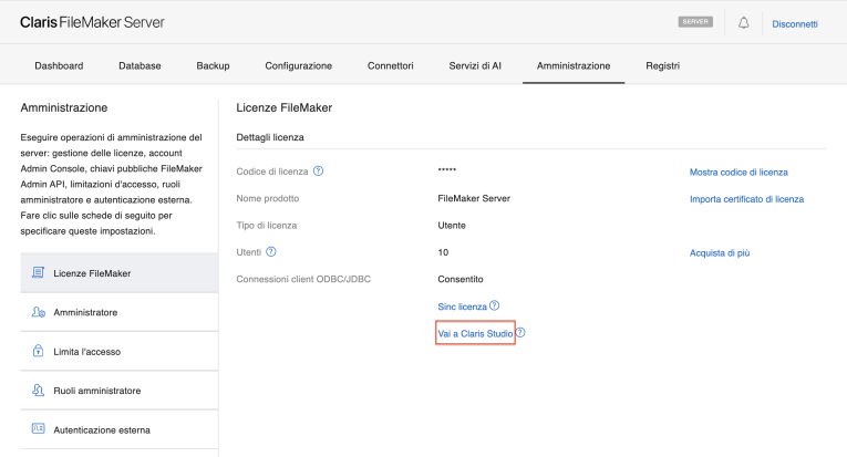 La posizione del link Vai a Claris Studio e l'indirizzo e-mail del proprietario della licenza nella scheda Amministrazione > Licenze FileMaker nella FileMaker Server Admin Console