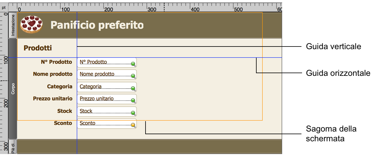 Formato con guide orizzontali e verticali e con sagoma della schermata visualizzata