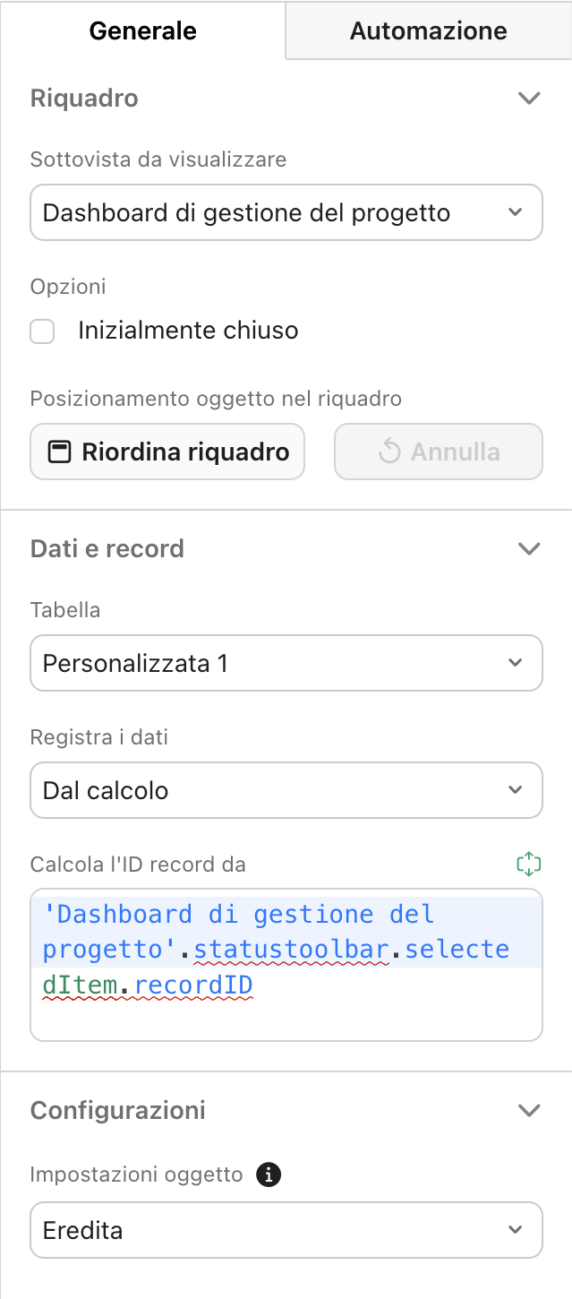 Riquadri, Pannello Proprietà, Generale
